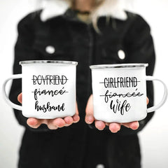 Mr & Mrs Enamel Camping Mugs – 330 ml Durable Metal Couples Cups for Outdoor Travel & Romantic Gifts