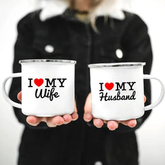 Mr & Mrs Enamel Camping Mugs – 330 ml Durable Metal Couples Cups for Outdoor Travel & Romantic Gifts