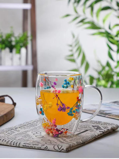 350ml Double Wall Coffee Mug With Handles Clear Milk Cups Gifts Glass Cup Fill Artificial Simulation Flowers Teacup