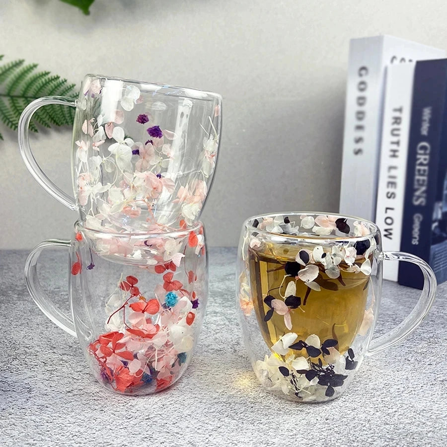 350ml Double Wall Coffee Mug With Handles Clear Milk Cups Gifts Glass Cup Fill Artificial Simulation Flowers Teacup