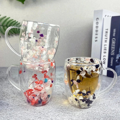 350ml Double Wall Coffee Mug With Handles Clear Milk Cups Gifts Glass Cup Fill Artificial Simulation Flowers Teacup