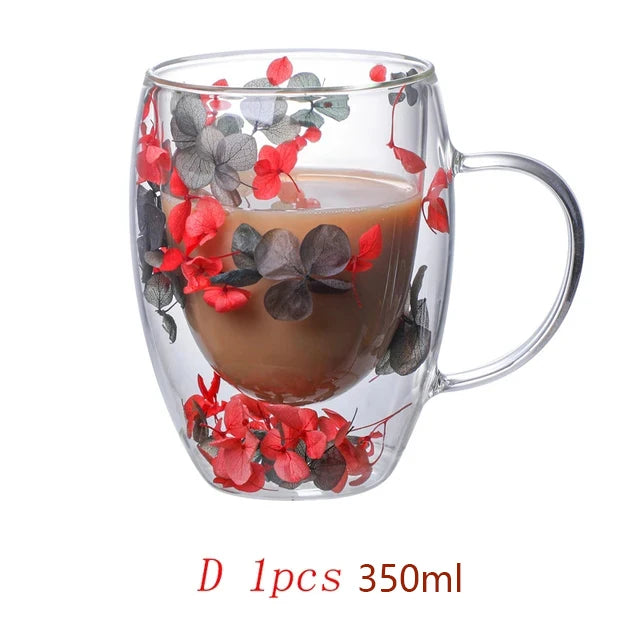 350ml Double Wall Coffee Mug With Handles Clear Milk Cups Gifts Glass Cup Fill Artificial Simulation Flowers Teacup