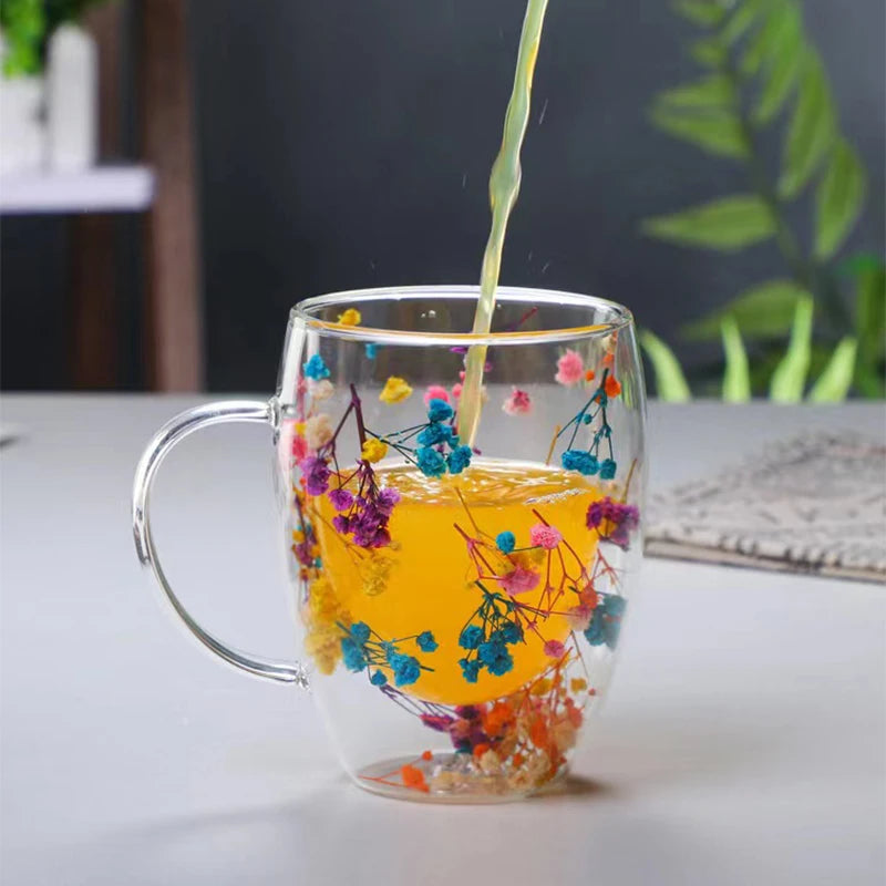 350ml Double Wall Coffee Mug With Handles Clear Milk Cups Gifts Glass Cup Fill Artificial Simulation Flowers Teacup