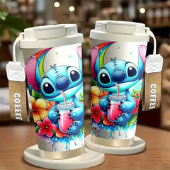 Stitch Floral 18oz Stainless Steel Travel Mug – Insulated Tumbler with Lid for Hot & Cold Drinks | Reusable Coffee Cup with Colorful Tropical Design