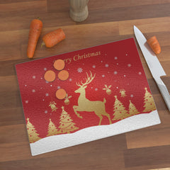 Tempered Glass Chopping Board – Merry Christmas Design | Heat-Resistant Clear Glass Cutting Board | Reindeer & Festive Trees Kitchen Decor Gift
