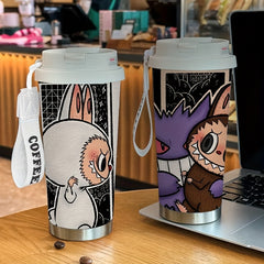 18oz Stainless Steel Insulated Travel Mug – Fun Bunny Print, Leak-Resistant Coffee Bottle with Strap | Hot & Cold Drinks for Hours | Reusable, Gift-Ready for Holidays, Travel, Gym