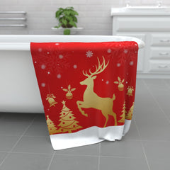 Luxury Christmas Reindeer Towel – Red & Gold Festive Bath Towel | Merry Christmas Microfiber & Cotton Blend | Soft, Absorbent, Machine Washable Holiday Decor Gift