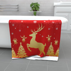 Luxury Christmas Reindeer Towel – Red & Gold Festive Bath Towel | Merry Christmas Microfiber & Cotton Blend | Soft, Absorbent, Machine Washable Holiday Decor Gift