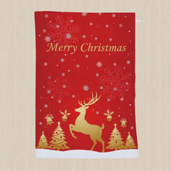 Luxury Christmas Reindeer Tea Towel – Red & Gold Festive Kitchen Towel | 100% Cotton Half Panama | Merry Christmas Design, Sublimation Printed, Perfect Holiday Gift