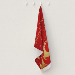 Luxury Christmas Reindeer Tea Towel – Red & Gold Festive Kitchen Towel | 100% Cotton Half Panama | Merry Christmas Design, Sublimation Printed, Perfect Holiday Gift