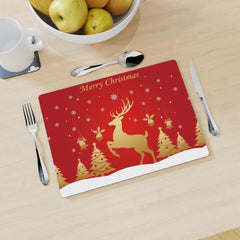 Golden Reindeer – Merry Christmas Glossy Hardboard Placemat | Elegant Holiday Table Decor | High Gloss White Finish