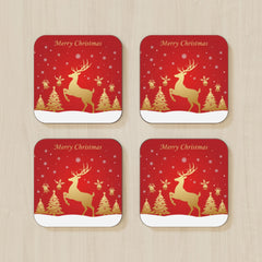 Merry Christmas Reindeer Hardboard Coasters – Set of 4 (Gloss Finish)
