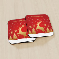Merry Christmas Reindeer Hardboard Coasters – Set of 4 (Gloss Finish)