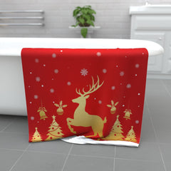 Luxury Christmas Reindeer Towel – Red & Gold Festive Bath Towel | Merry Christmas Microfiber & Cotton Blend | Soft, Absorbent, Machine Washable Holiday Decor Gift